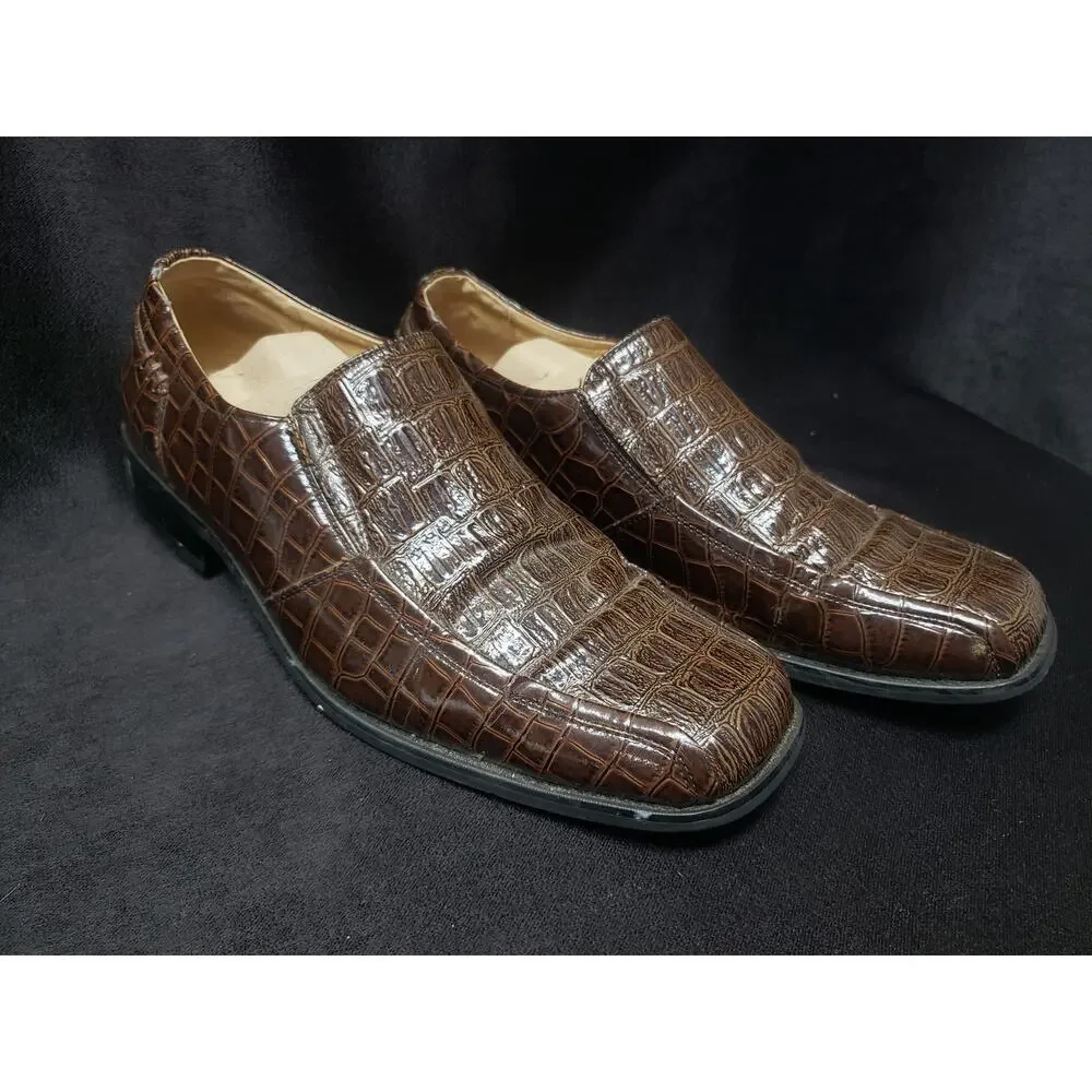 Italic Men's Brown Leather Slip On Side Stretch Square Toe Loafers Dress Shoes